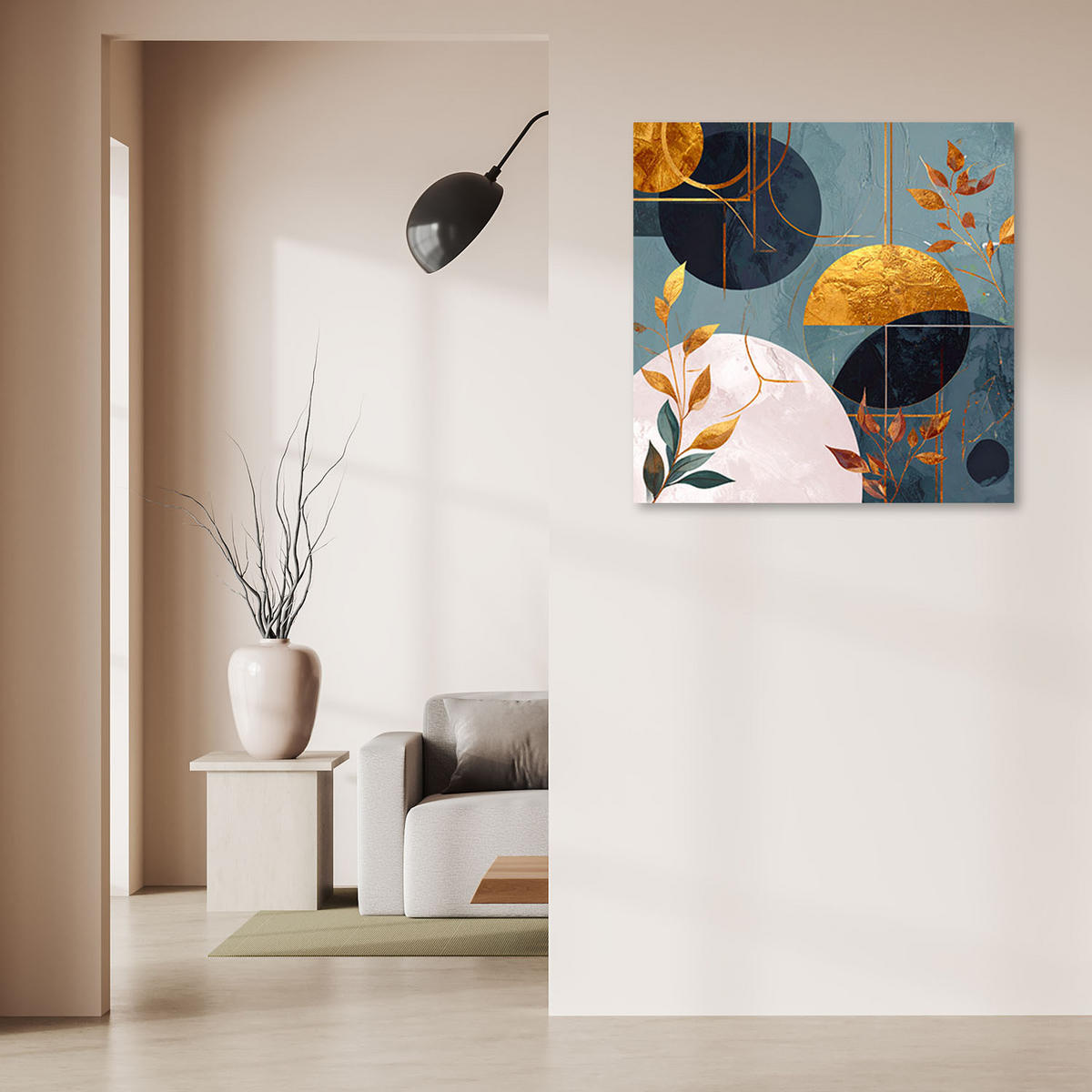 LEINWANDBILDER, Moderne Abstrakt Kreise und Blätter in Gold - Blau, Textil (30/30cm) - Feeby