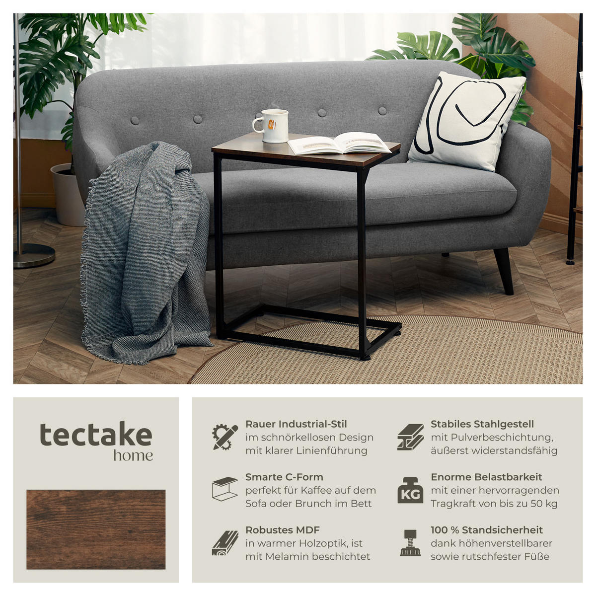 BEISTELLTISCH Cardiff,55,5 x 35 x 67 cm,Industrial Holz dunkel, rustikal - Rostfarben, Holz (35/55.5/67cm) - tectake