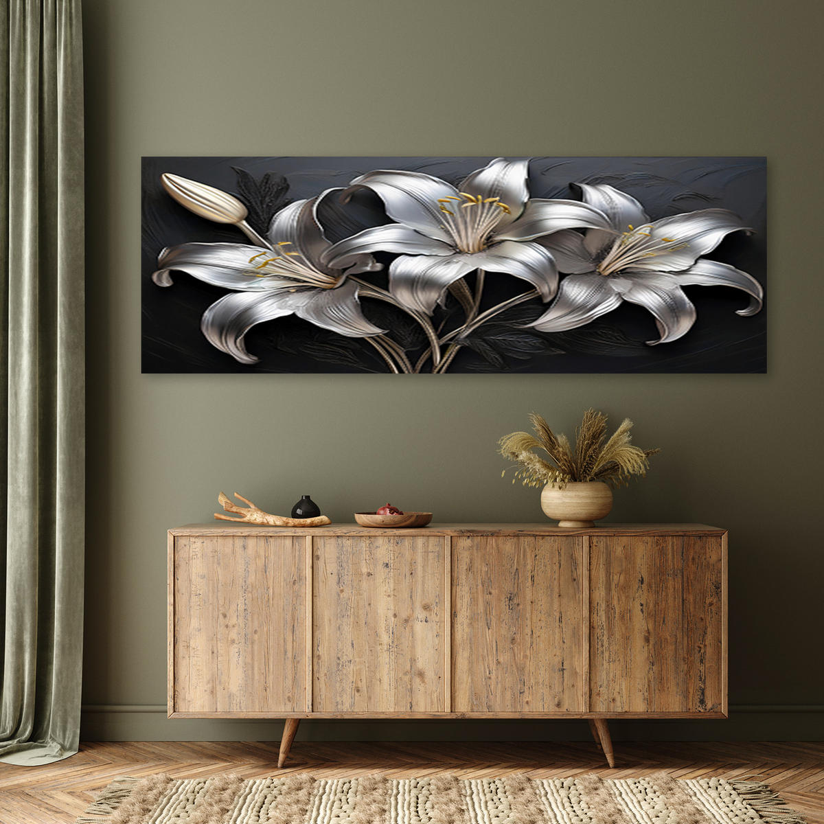 WANDBILD lilien blumen silber bemalt - Silberfarben, Textil (90/30cm) - Feeby