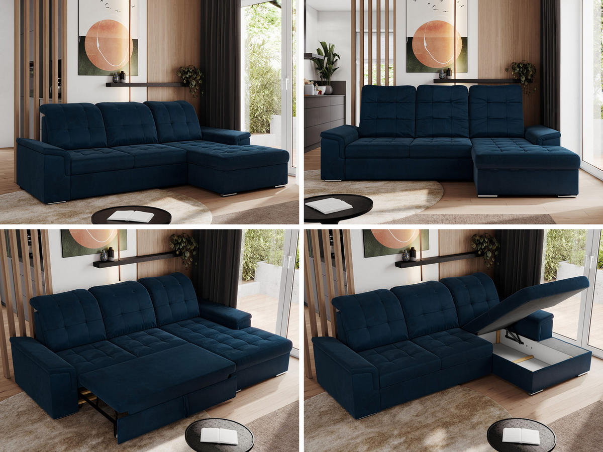 ECKSOFA MADRITO L - Dunkelblau Velorus - Rechts - Silberfarben/Dunkelblau, Textil/Metall (256/160cm)