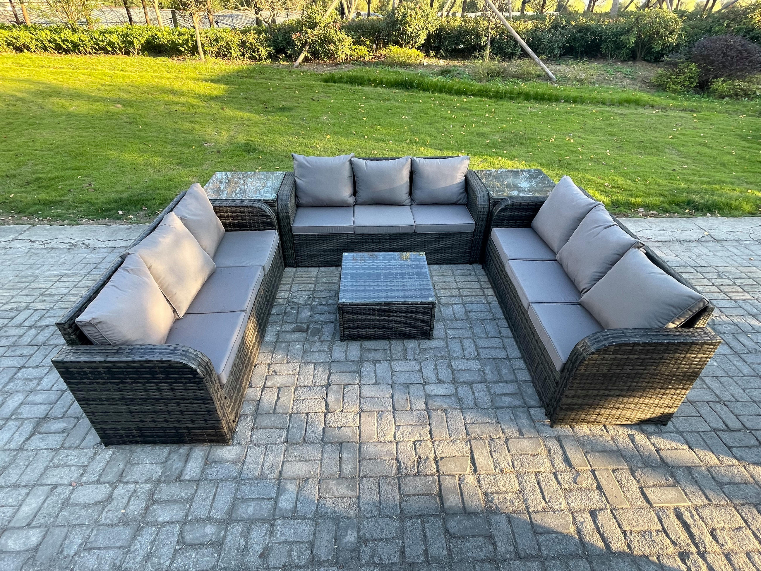 GARTENMÖBELGARNITUR mit KISSEN Polyrattan Dunkelgrau 9-Sitzer - Dunkelgrau/Grau, Glas/Kunststoff - Fimous