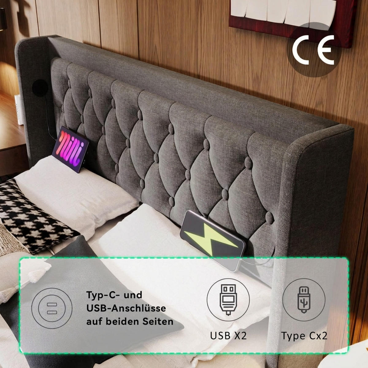POLSTERBETT 180/200 cm Grau mit USB Typ-C Ladefunktion und 3-seitige LED-Funktion - Grau, Textil (180/200cm) - Oxeza
