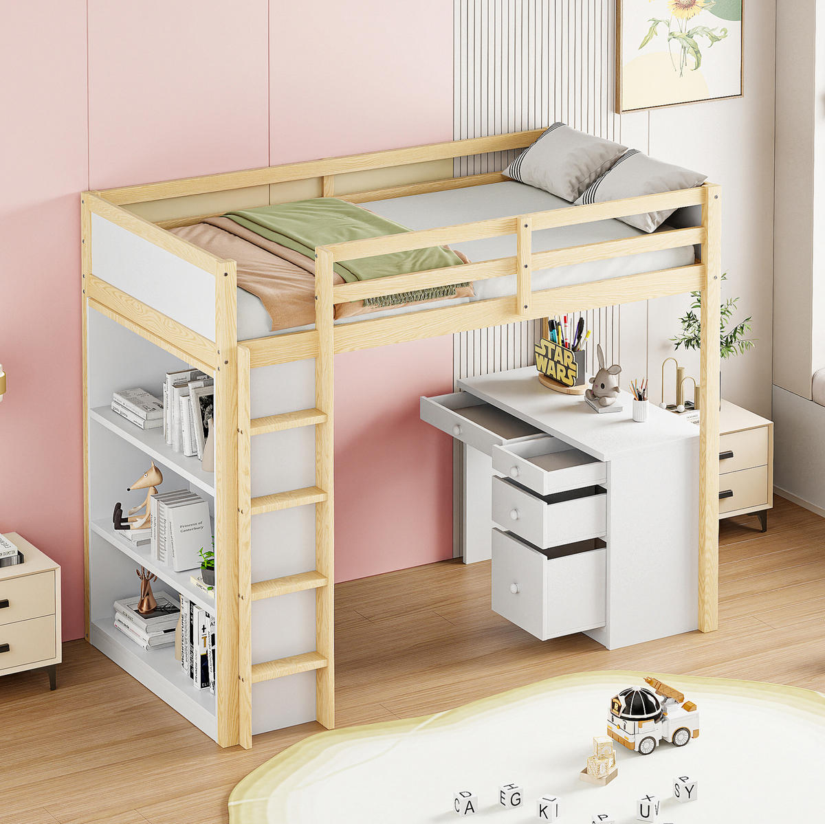 HOCHBETT 90/200 cm aus Holz mit Stauraum und Computertisch - Naturfarben, Holzwerkstoff (90/200cm) - OKWISH