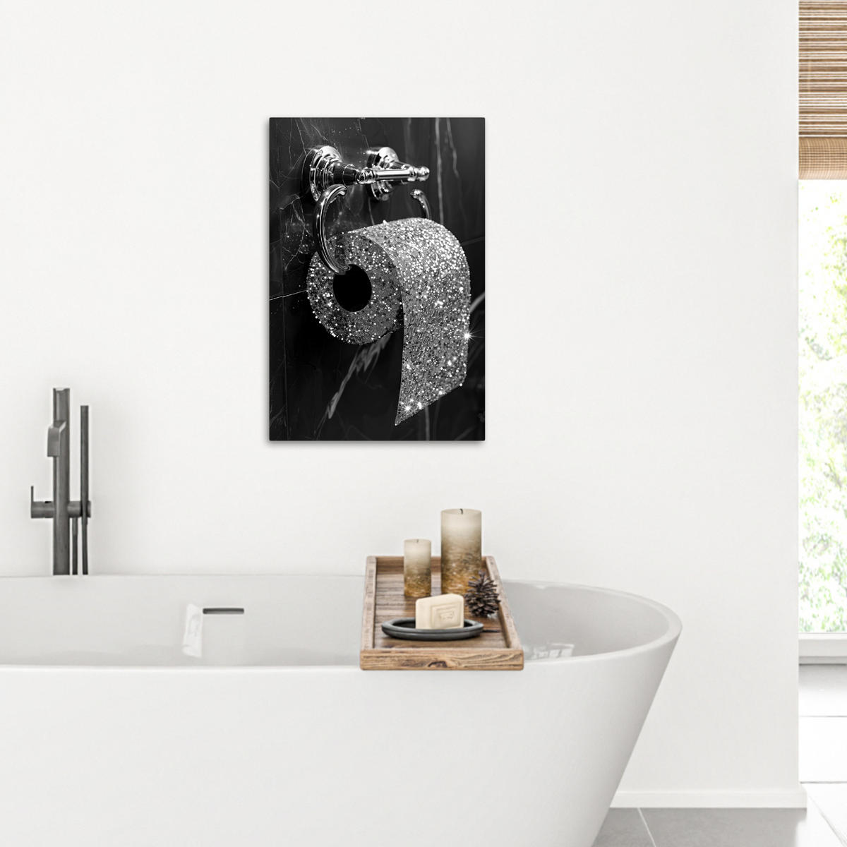 LEINWANDBILD WC - Toilettenpapier - Schwarz und weiß - Glitter 40x60 cm - Silberfarben, Textil (40/60cm) - MuchoWow