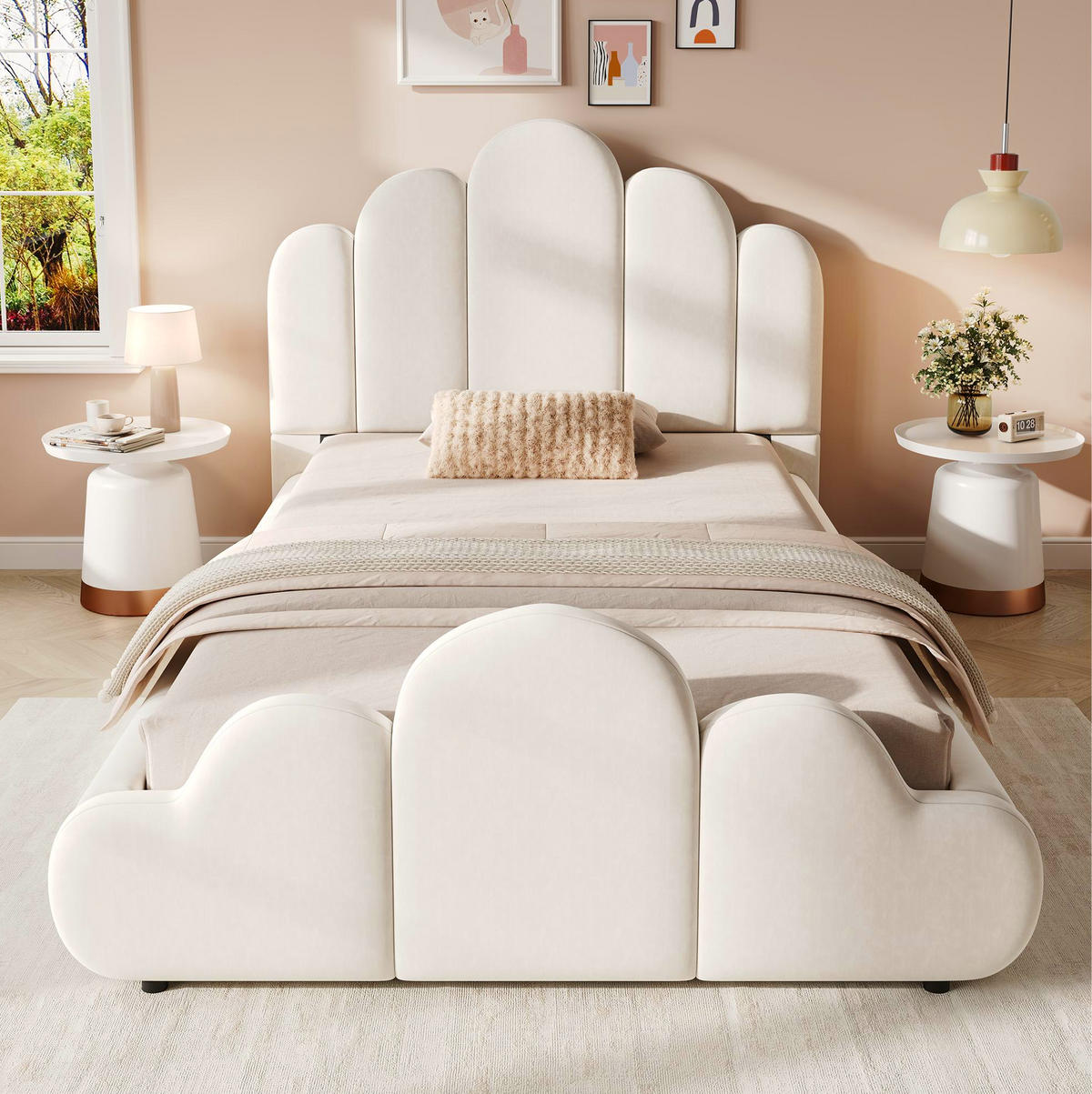 KINDERBETT 90x200 cm in Beige mit Samtbezug und abgerundetem Wolken-Design - Beige, Textil (90/200cm) - IVMEU