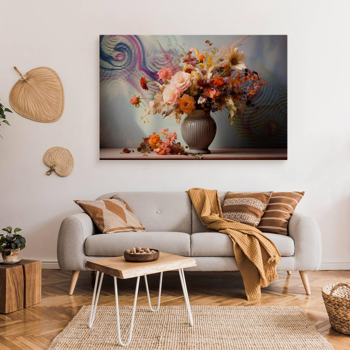 LEINWANDBILD für Wohnzimmer Ornamenten Blumenstrauß in Vase 30cm x 20cm - Blau/Beige, Textil (30/20cm) - Muralo