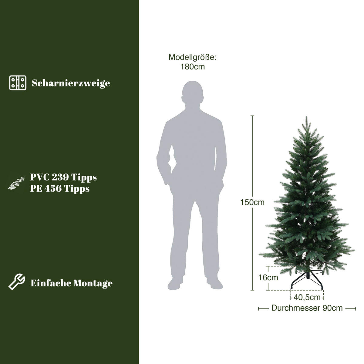 KÜNSTLICHER Weihnachtsbaum 150 cm, Fichten-Optik mit 695 PE-/PVC-Spitzen - Grün, Kunststoff (150cm) - Hometopia