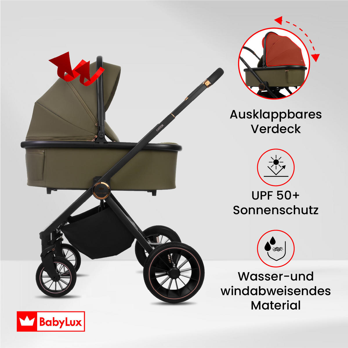 KINDERWAGEN Castor 4in1 Olive Babywanne, Reisebuggy, Autositz, Isofix Basis - Schwarz/Olivgrün, Textil/Metall (58/98cm) - BabyLux