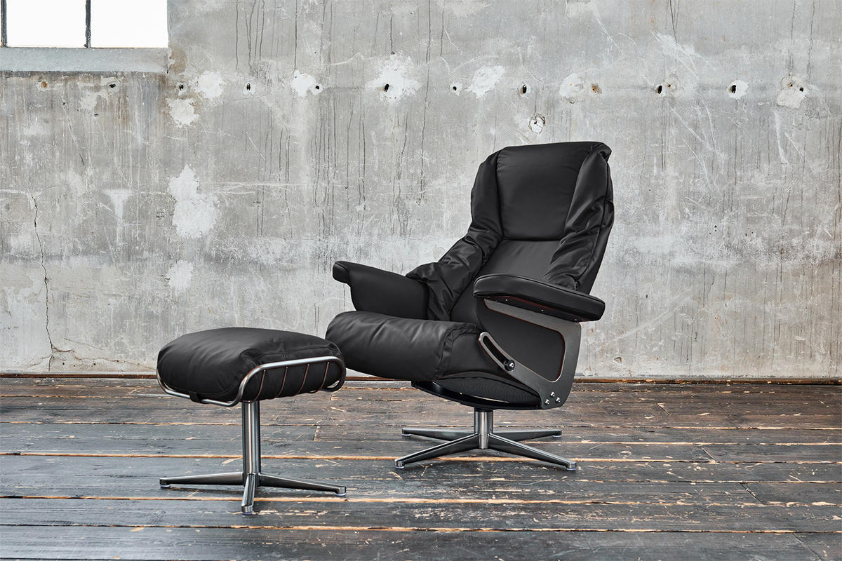RELAXSESSEL MIT HOCKER MODO Schwarz Leder - Silberfarben/Schwarz, Leder/Metall (81/98/90cm) - KAWOLA