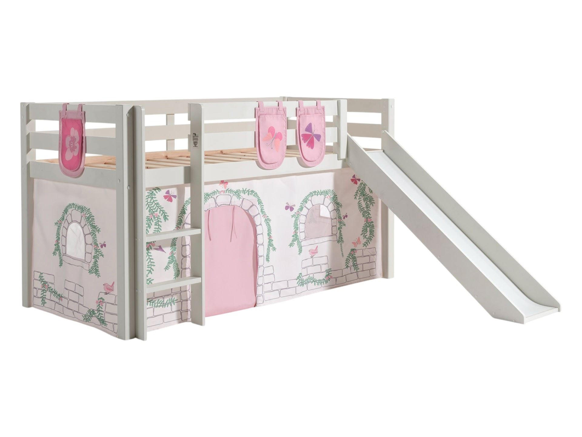 HOCHBETT mit Rutsche Karolina Massivholz Weiß Textilset Burg 3 - Hellgrau/Weiß, Holz (90/200cm) - 58aufmkessel