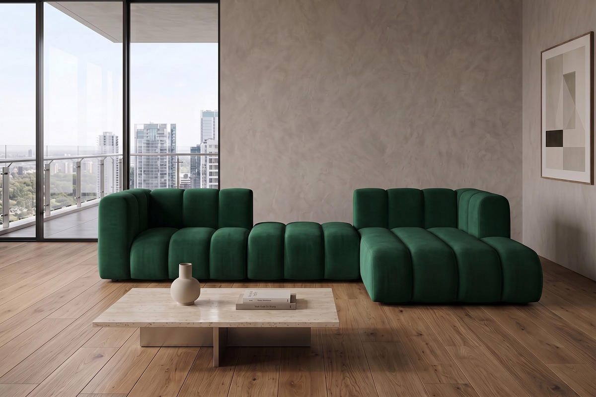 ECKSOFA Modulares In L-Form, Velvet-Stoff Riviera, Grün, Rechts, GRAND 319 cm - Grün, Holz (319/175cm) - Kaiser Möbel