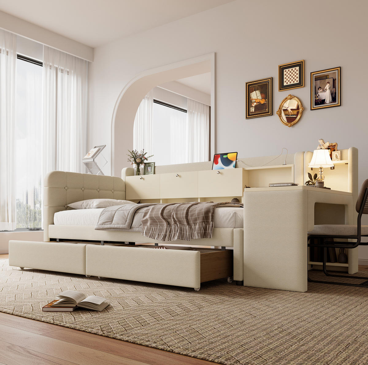 POLSTERBETT 90/200 cm in Beige mit Schreibtisch, 2 Schubladen und USB - Beige, Textil (90/200cm) - Flora Grace