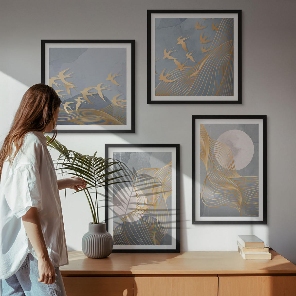 WANDBILDER 4er-Set - 50x50 cm & 40x60 cm Schwarzer Rahmen - Abstrakte Wellenkreise, grau - Schwarz, Kunststoff (50/50cm) - ArtPrintCave