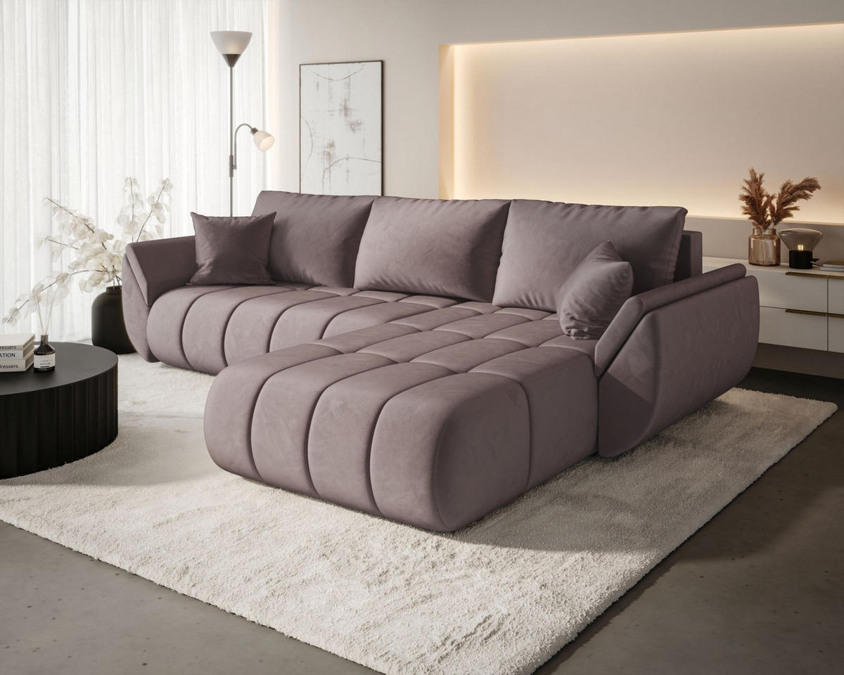 ECKSOFA SYDNEY PREMIUM rechts dunkelrosa Velours Monolith 62 - Schlaffunktion, Bettkasten - Pink, Textil (280/185cm) - Cornero