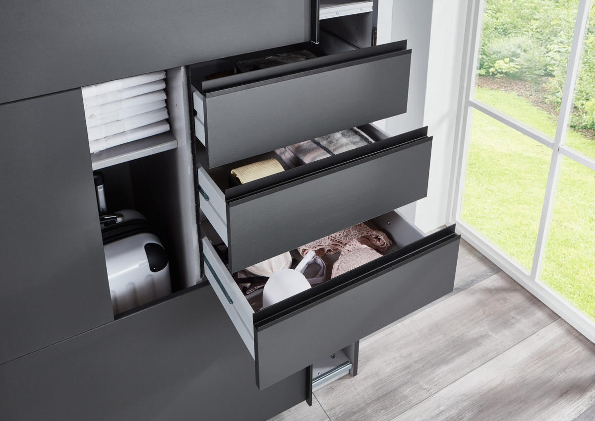 KLEIDERSCHRANK Saigon in Grafit mit einer Türfront in Glas Schwarz – Schwebetürenschrank 3 türig - 270 cm Breite - Grau, Holzwerkstoff (80/200/120cm)