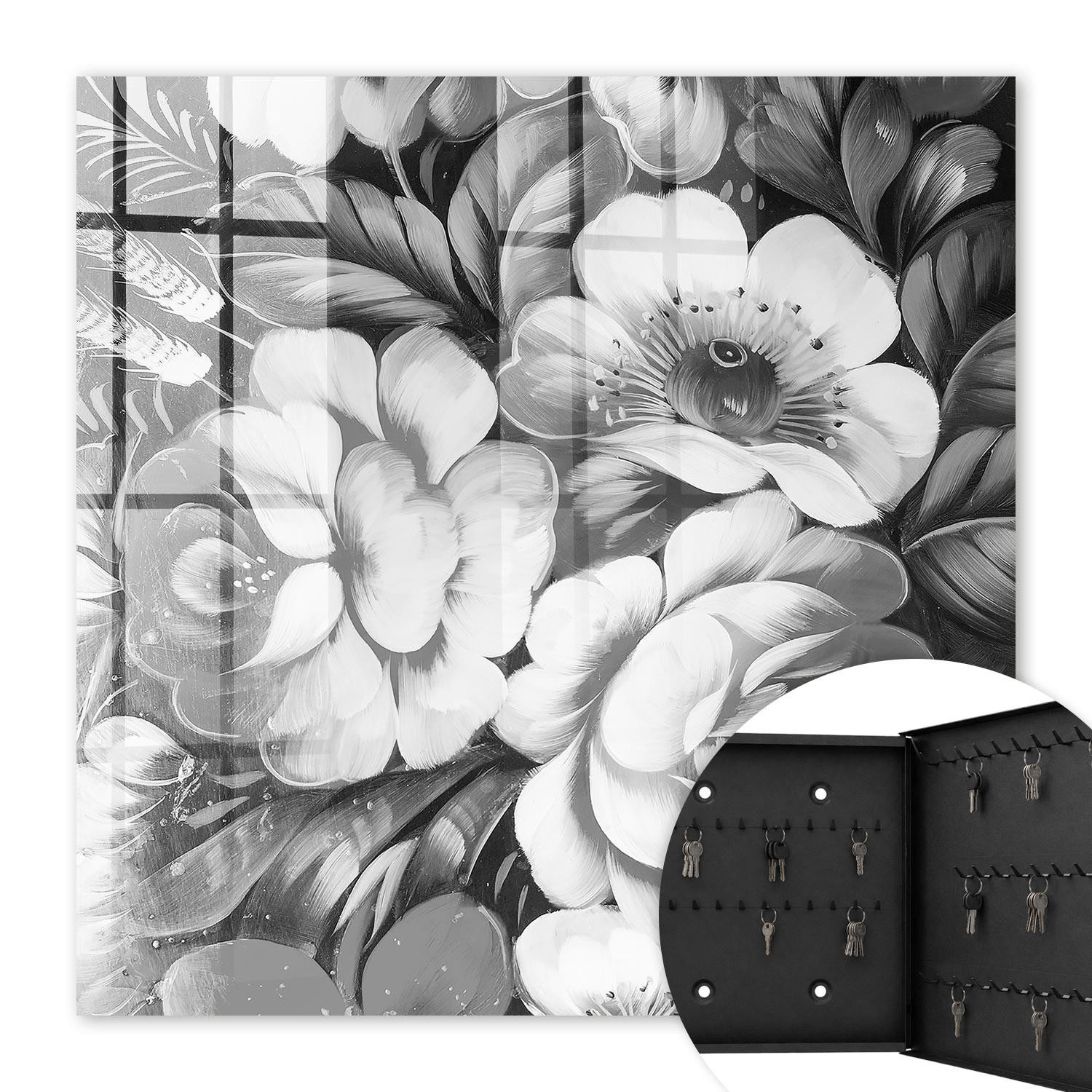SCHLÜSSELBOX Schwarz 30x30 cm- Türöffnung nach rechts - Monochromatische Blumen - Grau, Metall (30/30/5cm) - TULUP
