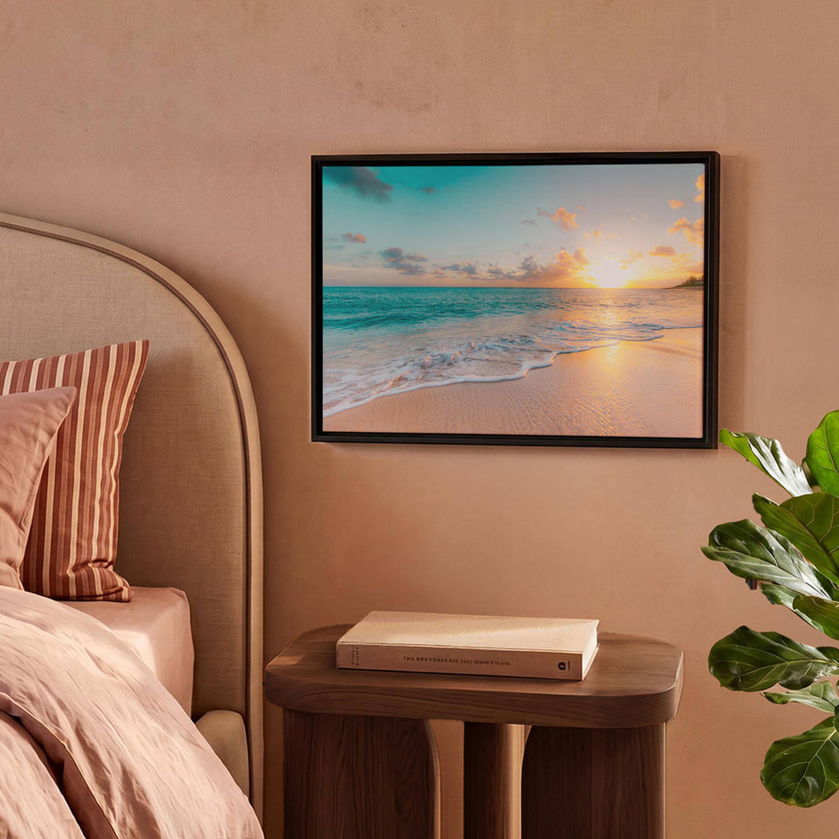 LEINWAND Bilder mit Rahmen - Sonnenuntergang - Strand - Meer - Sommer - Blau - 40x30 - Multicolor, Textil (40/30cm) - MuchoWow