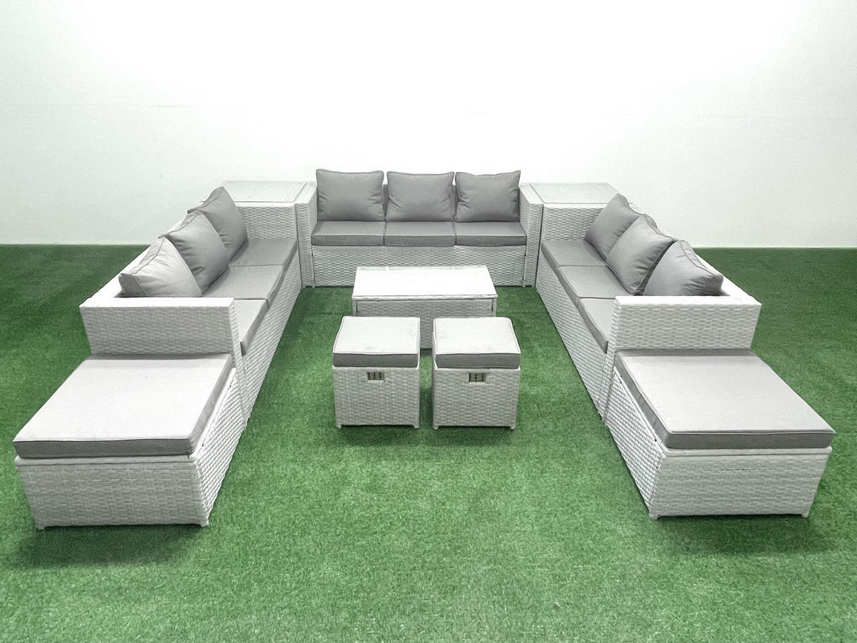 GARTENSET mit 3-SITZER SOFA,COUCHTISCH Polyrattan Hellgrau-Mix 13-Sitzer - Hellgrau/Grau, Glas/Kunststoff - Fimous