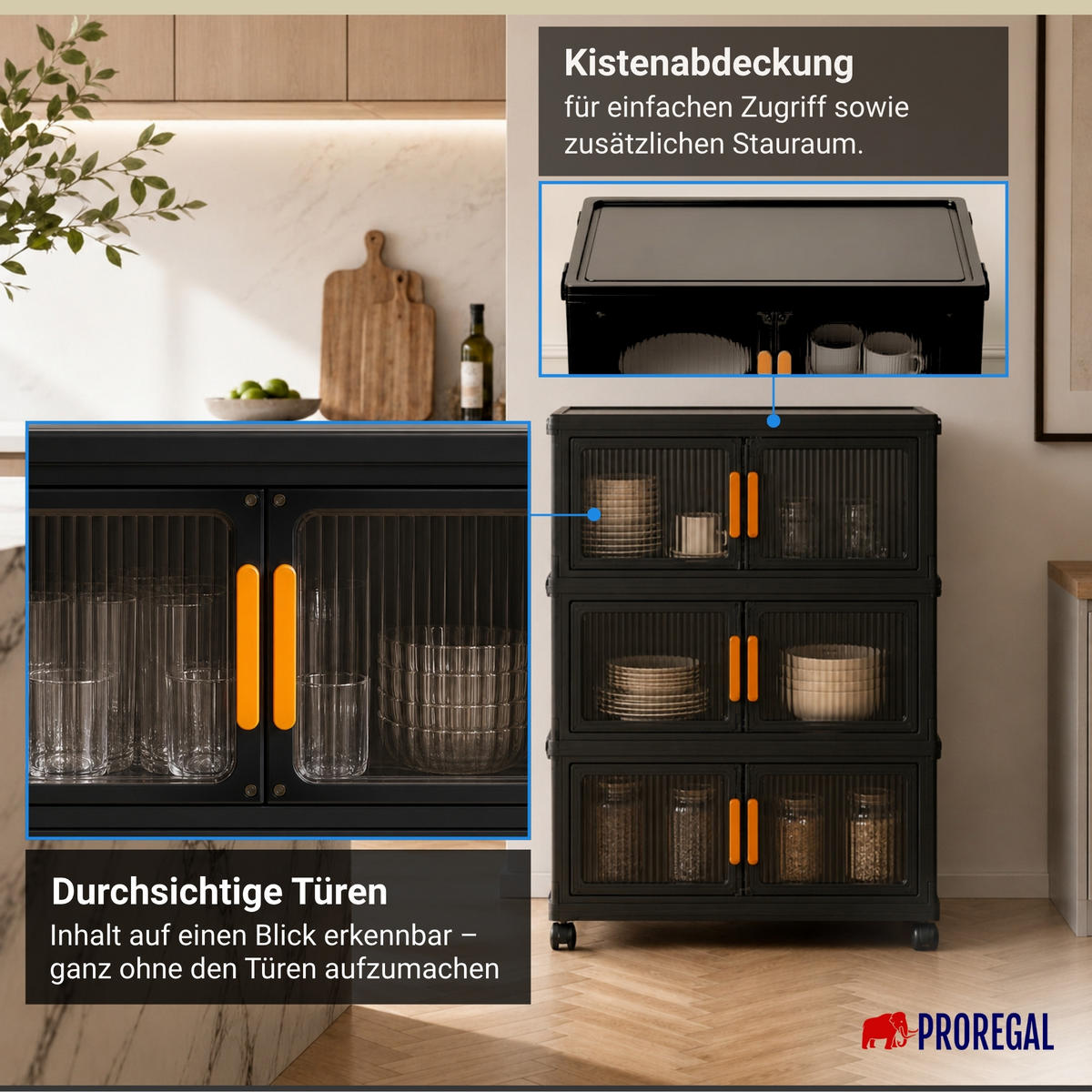 AUFBEWAHRUNGSBOXEN EasyCube stapelbar 4 Ebenen und Rollen 28L Schwarz-Transparent - Schwarz, Kunststoff (48/25.5/28cm) - BERLINLODGE