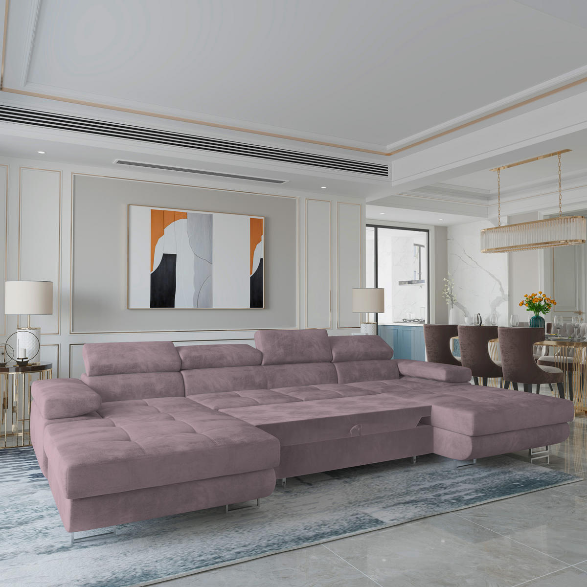 WOHNLANDSCHAFT LYKKE Lila Velours-Stoff mit Schlaffunktion - Lila, Holz (353/90/202cm) - MASSENO