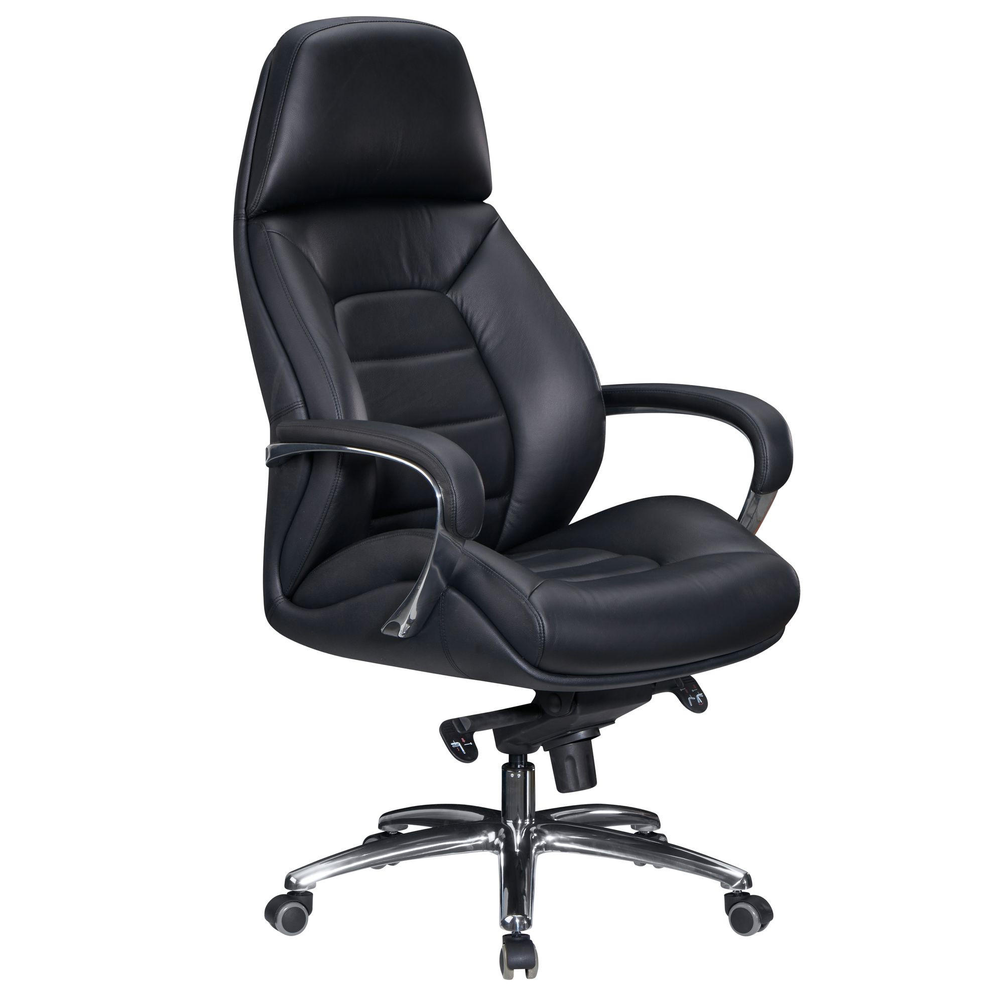 BÜROSTUHL Echtleder bis 120 kg mit Wippmechanik, Armlehnen und hoher Rückenlehne, Schwarz 67x67x137 cm - Silberfarben/Schwarz, Leder (67/137/67cm) - KADIMA DESIGN