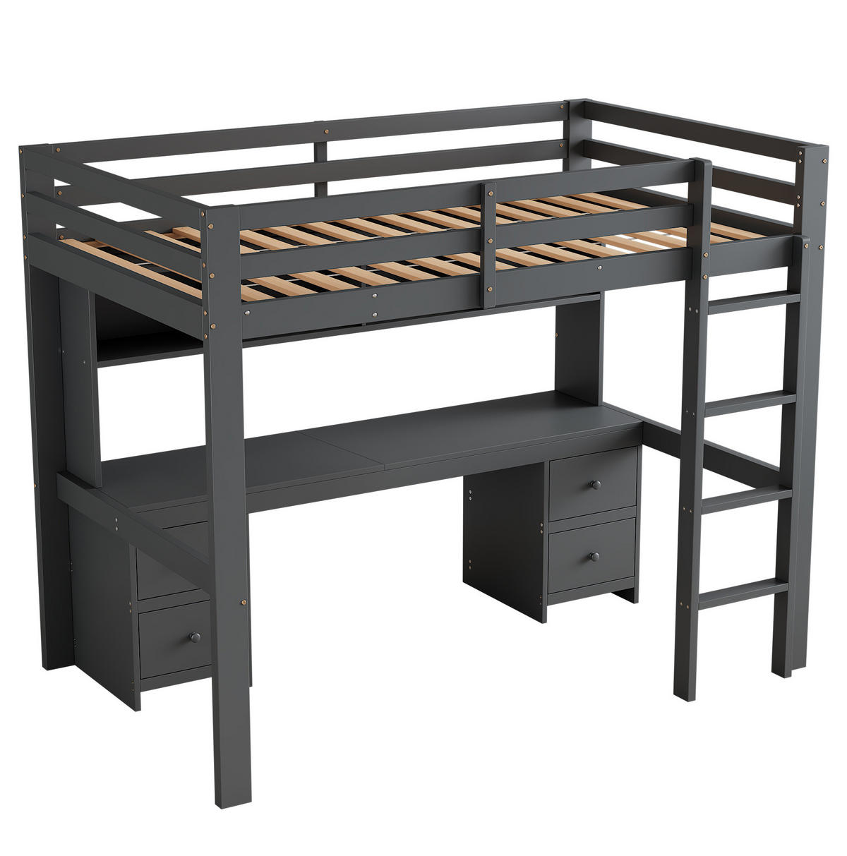 HOCHBETT aus Kiefernholz und MDF 90x200 cm Grau mit Schreibtisch, 4 Schubladen und Ablagefächern - Grau, Holz (90/200cm) - IVMEU