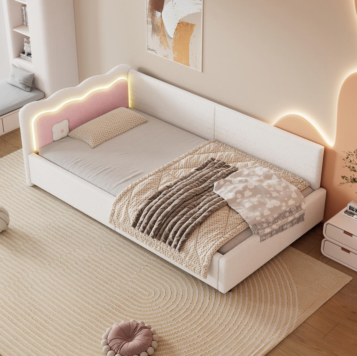 POLSTERBETT 90/200 cm Weiß mit LED-Beleuchtung und Lattenrost - Weiß, Textil (90/200cm) - Flora Grace