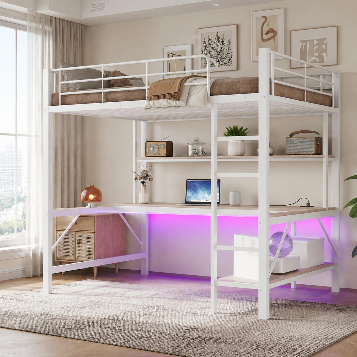 HOCHBETT 140/200 mit LED, Schreibtisch, USB und Steckdose in Weiß - Weiß, Holz/Holzwerkstoff (140/200cm) - EVRYAE