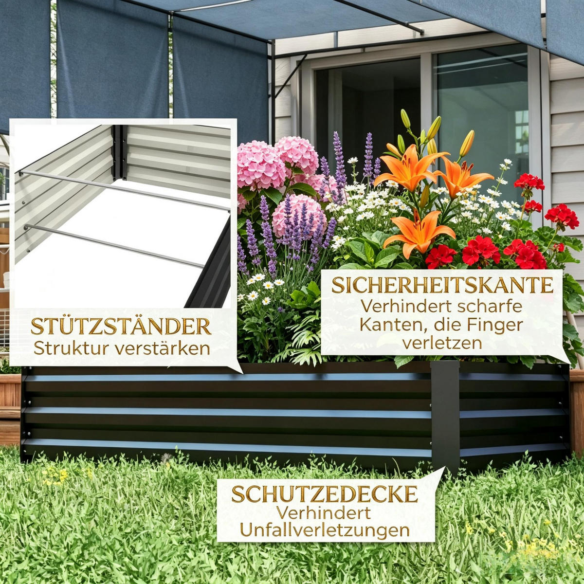 HOCHBEET 150/70/30 cm Schwarz mit Sicherheitsrand und offenem Boden - Schwarz, Metall (70/30/150cm) - Oxeza