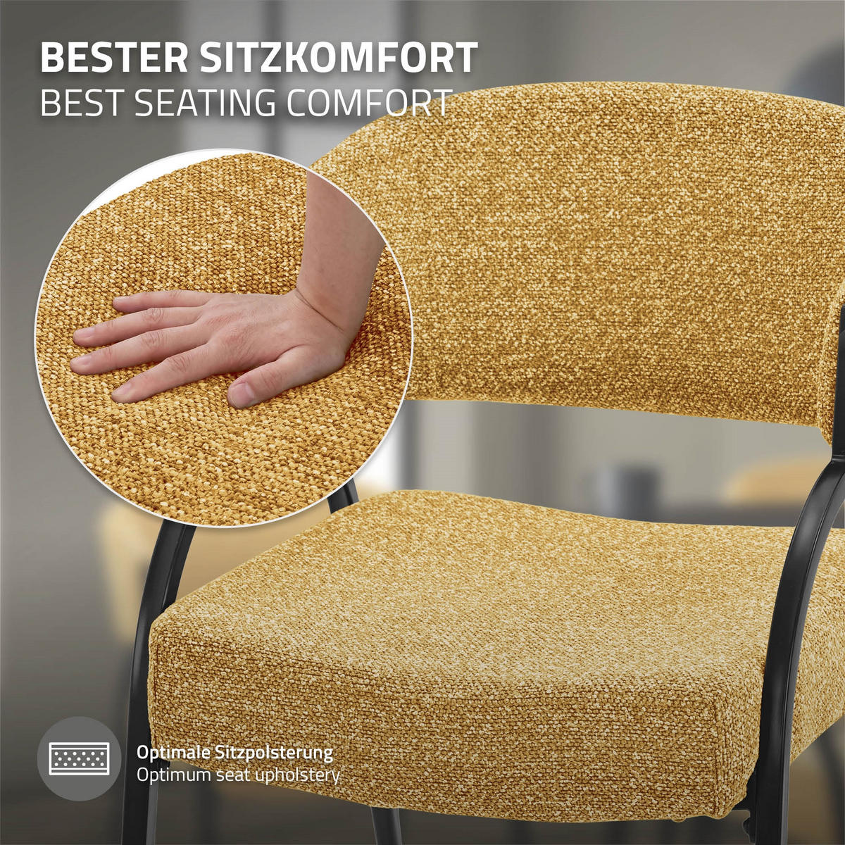 ESSZIMMERSTUHL 2er Set Küchenstühle gepolstert mit Webstoff-Bezug und Arm- und Rückenlehne Senf - Gelb/Schwarz, Textil/Metall (54/81/65cm) - ML-DESIGN