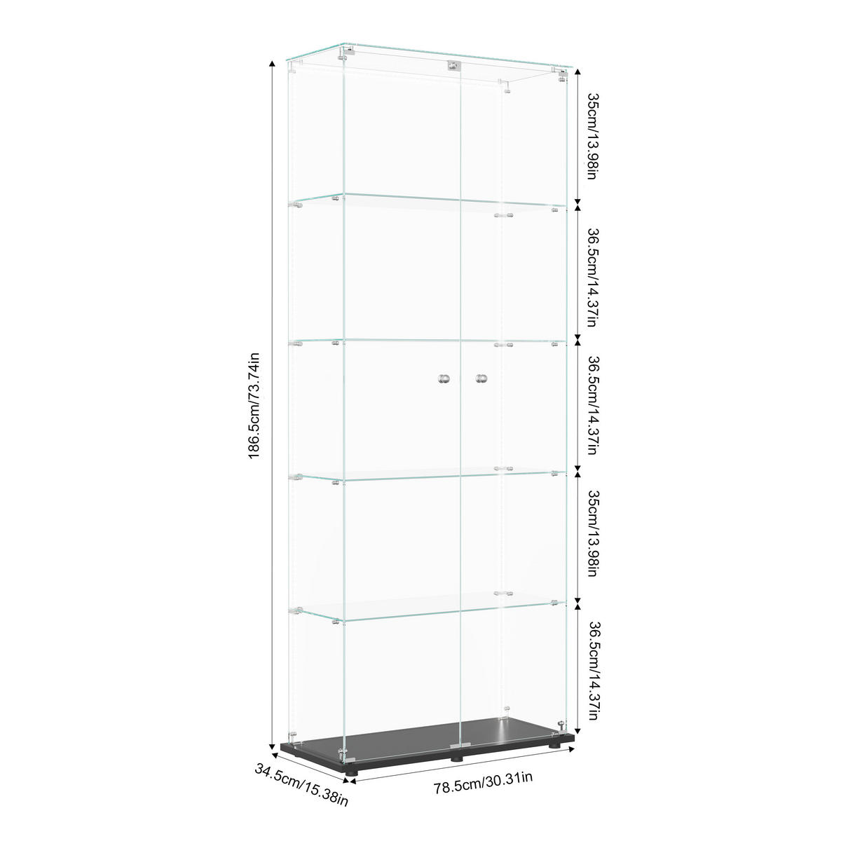 VITRINE 2 Türen, 5 Einlegeböden, LED Band, Glas, modern, mobil, Stauraum optimal - Schwarz, Glas (78.51/186.5/34.5cm) - EuroLiving