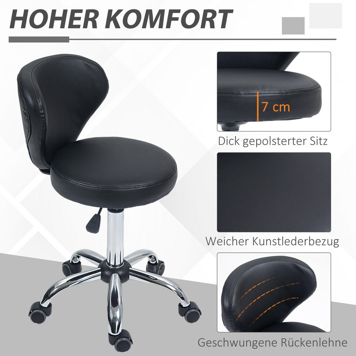 ROLLHOCKER höhenverstellbar Drehhocker, 45 x 54 x 73-88 cm, Schwarz - Schwarz, Kunststoff (54/88/45cm) - HOMCOM