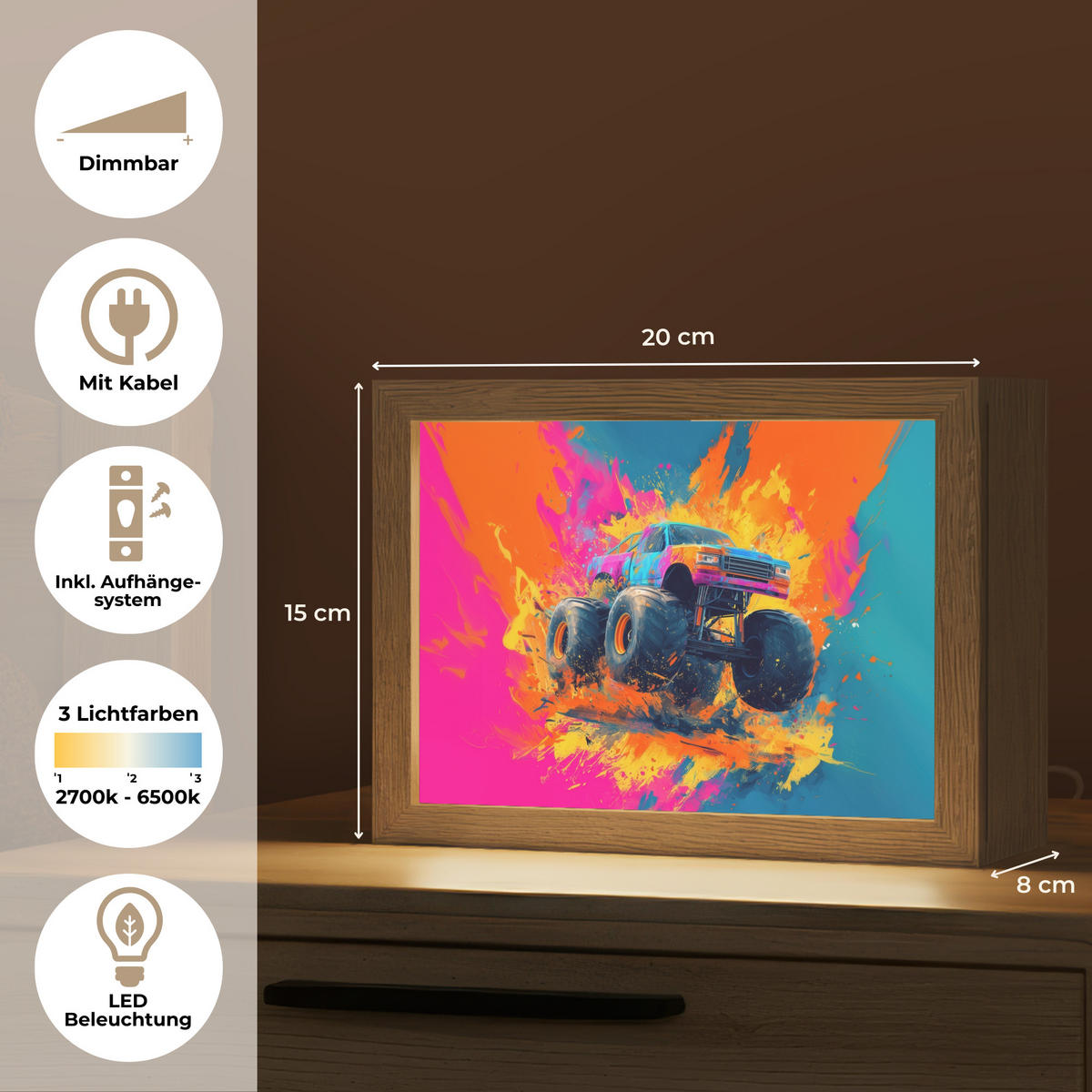 NACHTTISCHLAMPE Monstertruck - Abstrakt - Farbspritzer - Farbenfroh 20x15 cm - Pink, Holzwerkstoff (8/20/15cm)