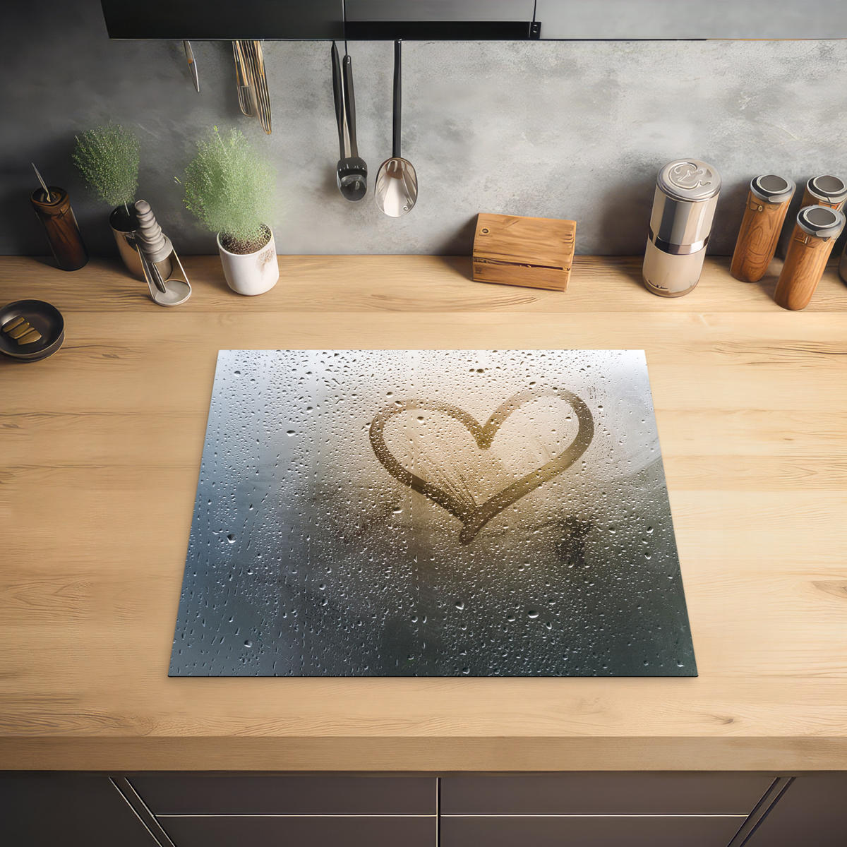 HERDABDECKPLATTE Herz - Kondenswasser - Wasser - 3D Ceranfeldabdeckung 59x52 cm - Grau, Kunststoff (59/52/0.2cm) - MuchoWow
