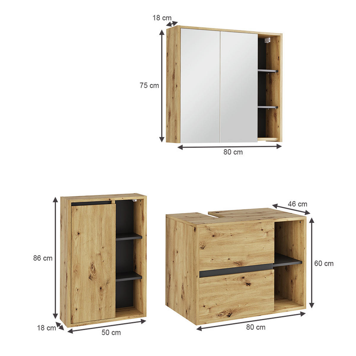 SADA KOUPELNOVÉHO NÁBYTKU Viola Artisan/šedá - šedá/světle šedá, kompozitní dřevo (80/60/46cm) - Vicco