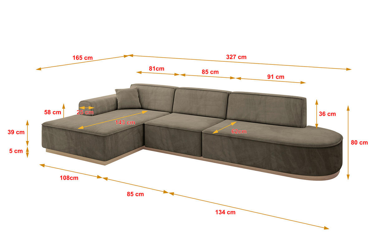 ROHOVÁ SEDAČKA s otomanem, levá IREA-L2 327x165x80 Hnědá Velur - černá/hnědá, kompozitní dřevo/textil (328/171cm) - ALTDECOR