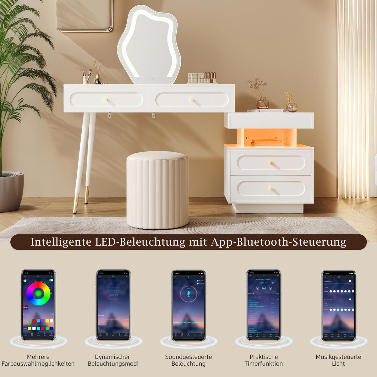 SCHMINKTISCH in Weiß Frisiertisch mit LED-Spiegel, 4 Schubladen & offenem Fach, für Schlafzimmer und Ankleidezimmer, B140/T40/H130cm - Weiß, Holzwerkstoff/Metall (140/130/40cm) - STILVORA
