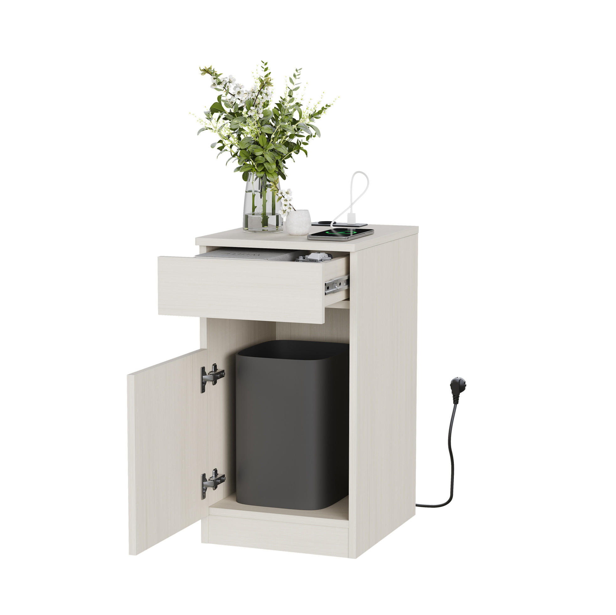 Modfu NOČNÍ stolek z MDF 40x33x61.5 cm bílý s USB nabíjením, elektrickou zásuvkou a úložnou zásuvkou, včetně koše