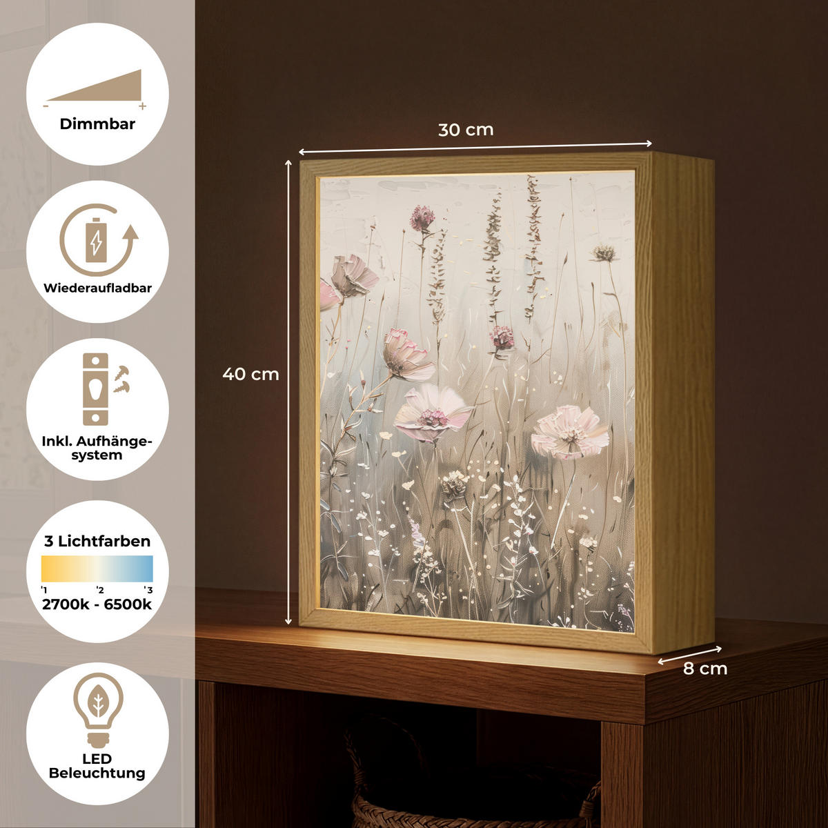 NÁSTĚNNÁ LAMPA S AKUMULÁTOREM Květiny - růžová - moderní - béžová 30x40 cm - starorůžová, kompozitní dřevo (30/40/8cm) - OnlyWow