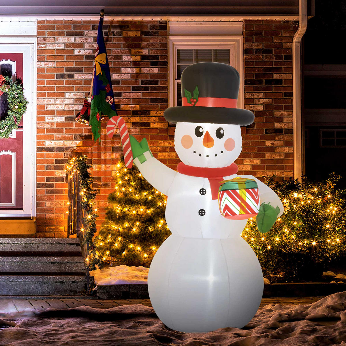 WEIHNACHTSDEKO Schneemann mit Zuckerstange & Geschenk 180 cm, selbstaufblasbar, LEDs - Weiß, Kunststoff (80/180/120cm) - Outsunny
