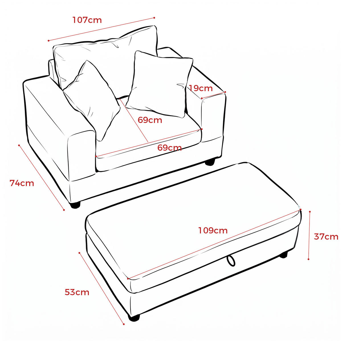XXL-SESSEL mit Fußablage und 3 Kissen, DE-42356, Grau - Grau, Metall (74/57/107cm) - ComfortXL