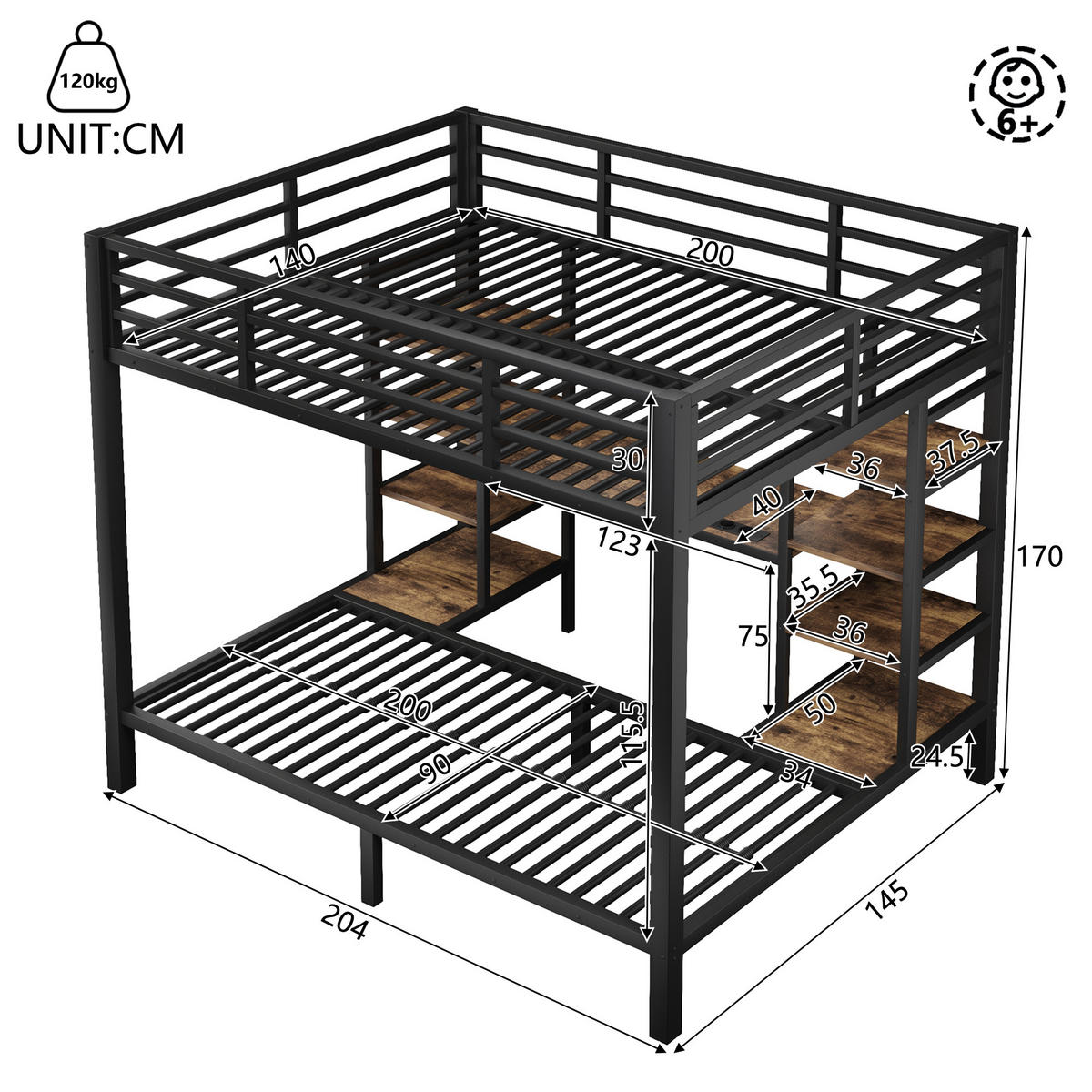 ETAGENBETT 90/200 cm + 140/200 cm Schwarz, Metallgestell mit Stauraum und LED-Beleuchtung - Schwarz, Metall