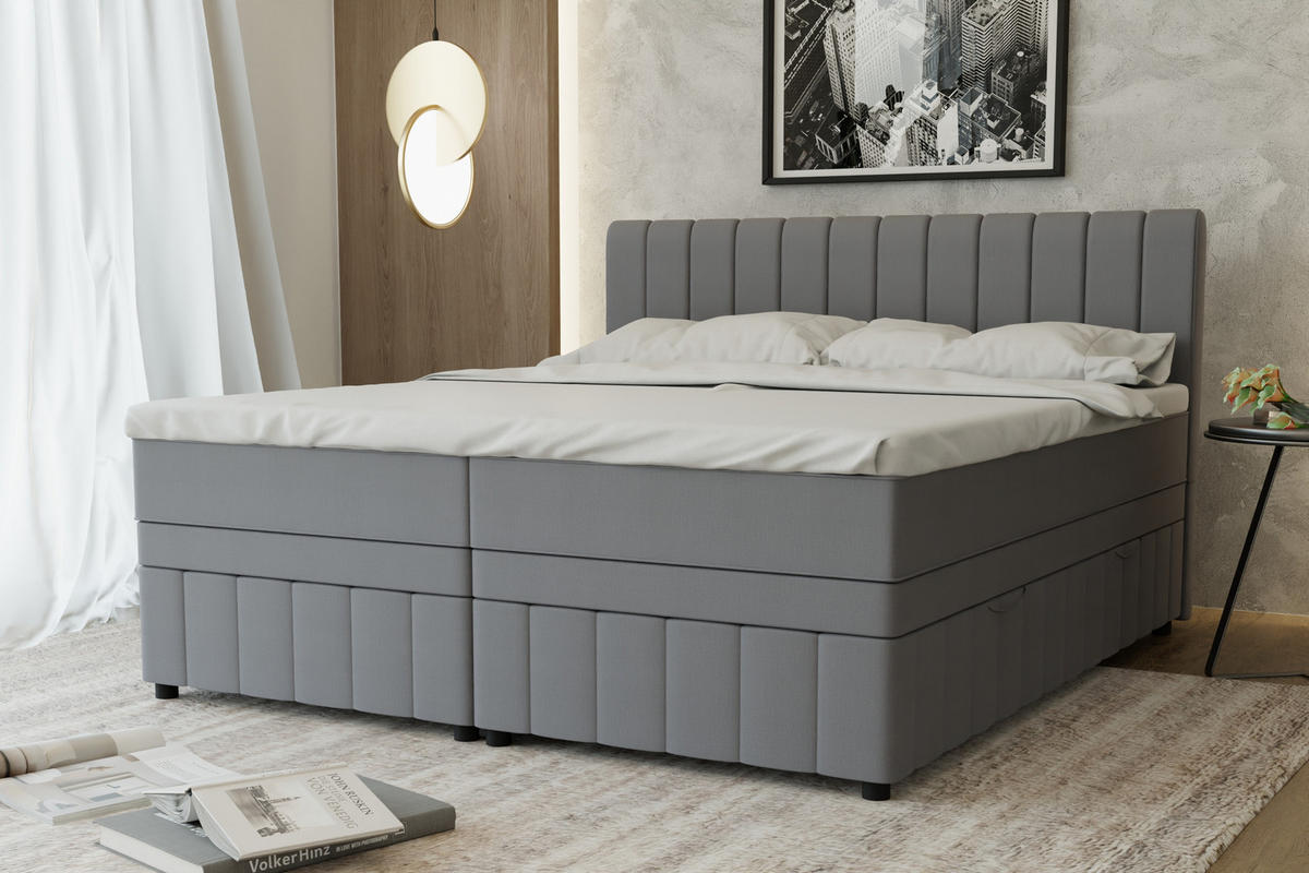 BOXBETT AVALON 180 x 200 cm mit Bettkasten und Topper - Dunkelgrau - Dunkelgrau, Holz - Panda Möbel