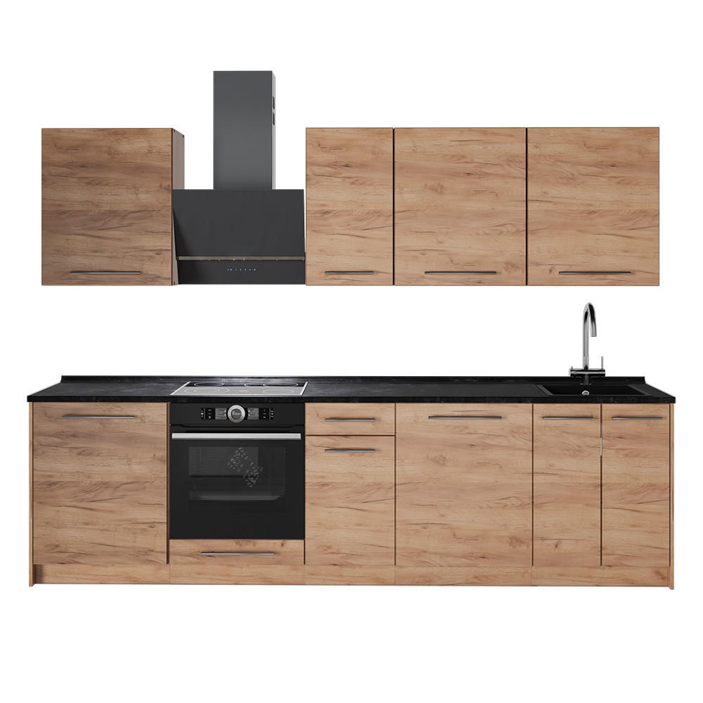 KÜCHENZEILE Fame-Line, Goldkraft Eiche/Goldkraft Eiche, 280 cm, AP Anthrazit - Honigeiche, Holzwerkstoff (280/82/60cm) - Vicco