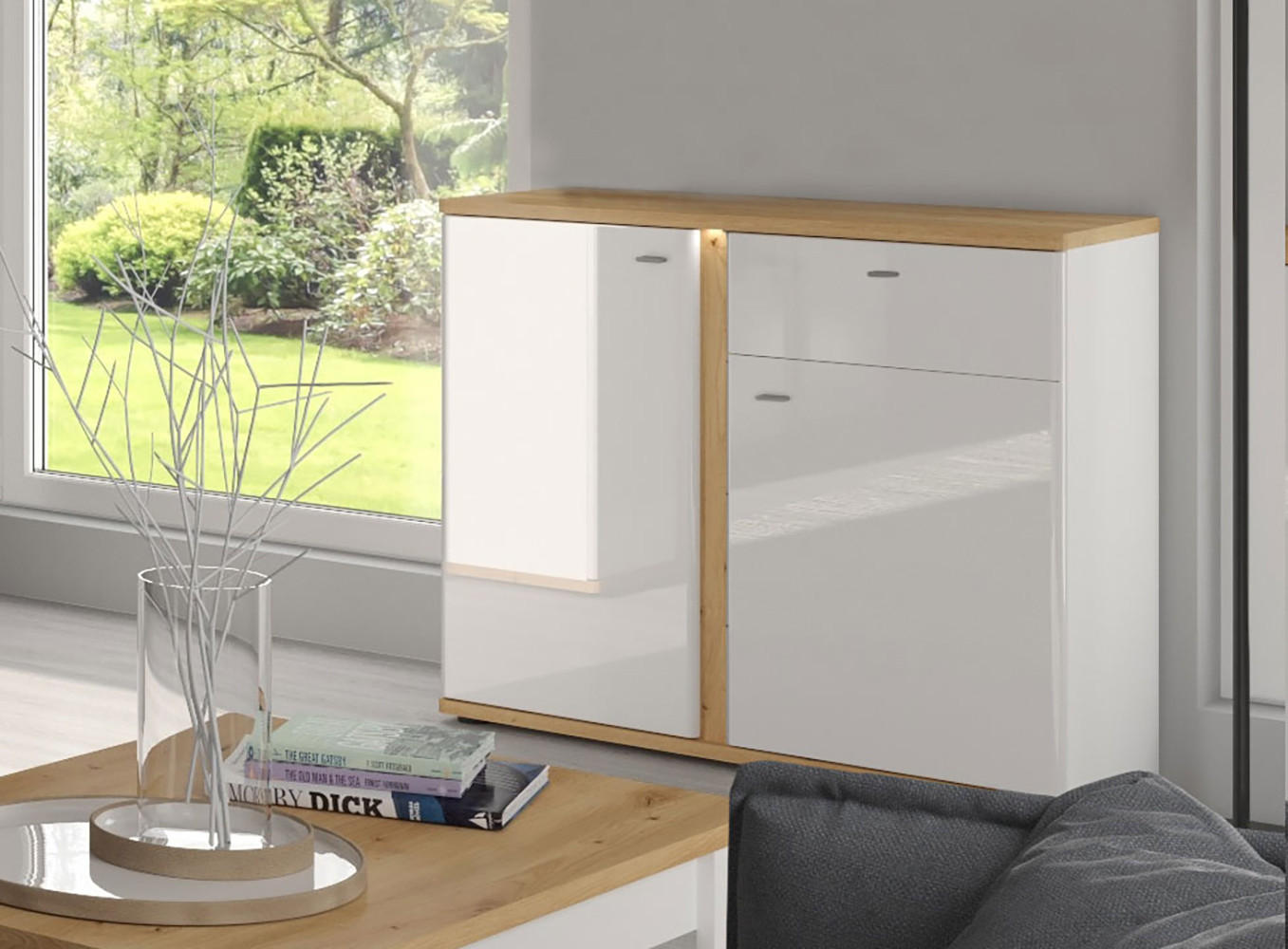 KOMMODE Avila Eiche Artisan / weiß 94 / 42 /87cm - Weiß Hochglanz/Eichefarben, Holzwerkstoff (94/87/42cm) - Feldmann-Wohnen