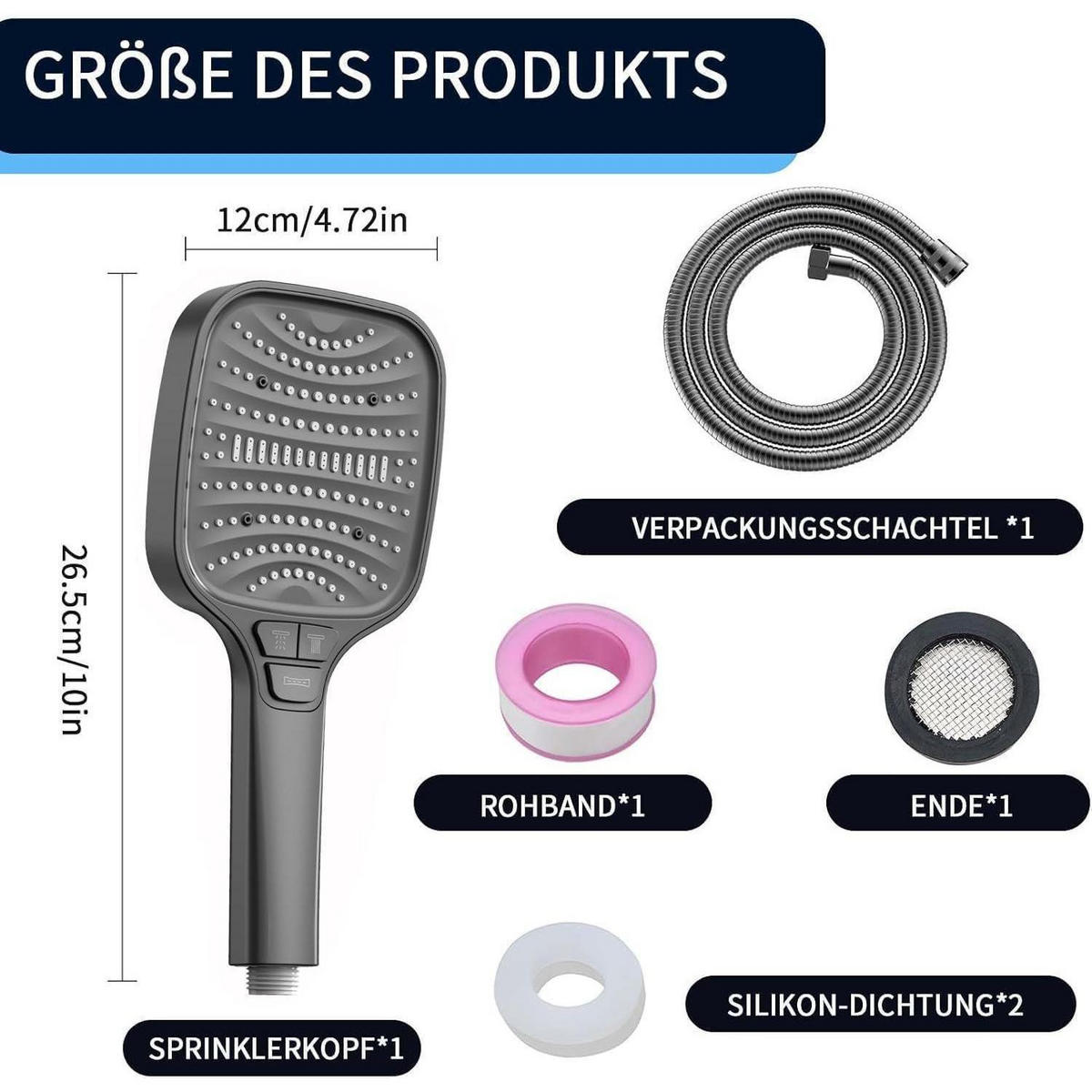 DUSCHKOPF Set mit Schlauch 1.5m Grau 8 Strahlarten Stoppfunktion - Grau, Kunststoff (12/12.7/26cm)