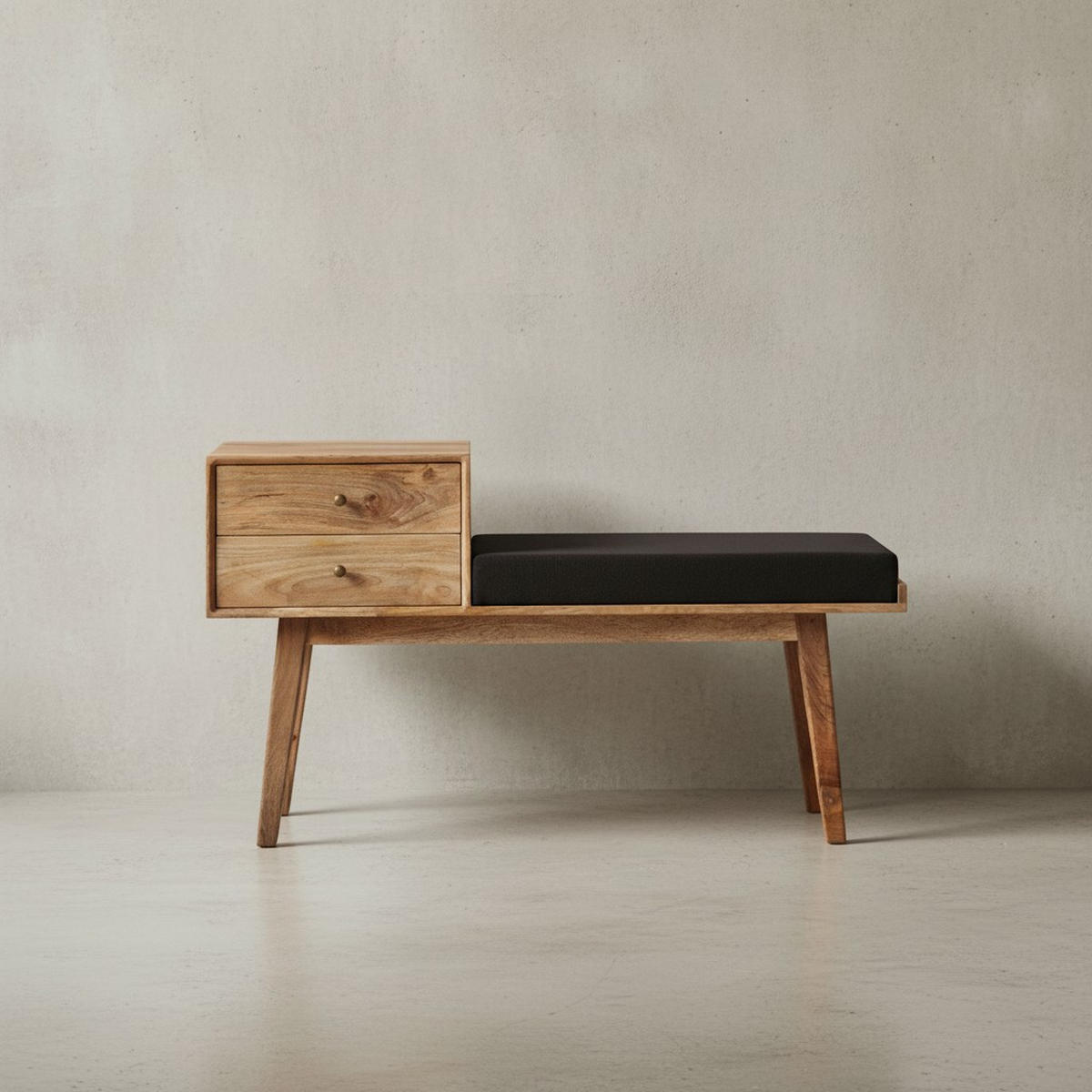 SITZBANK – Mango Holz, Schwarz, Schubladen, Retro-Stil - Schwarz/Braun, Holz/Textil (120/65/40cm) - KADIMA DESIGN