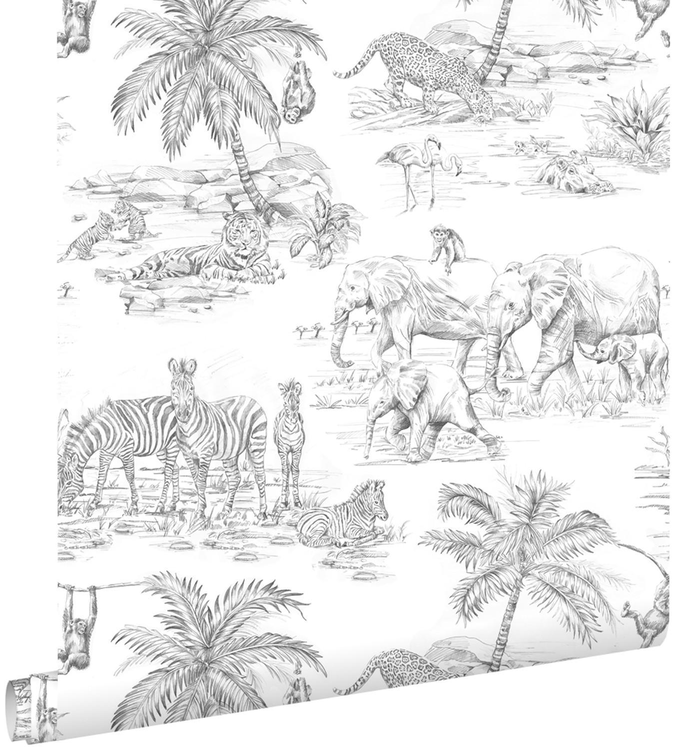 TAPETE Dschungeltiere 53 cm x 10.05 m - Schwarz, Papier (53/0.1cm) - ESTAhome