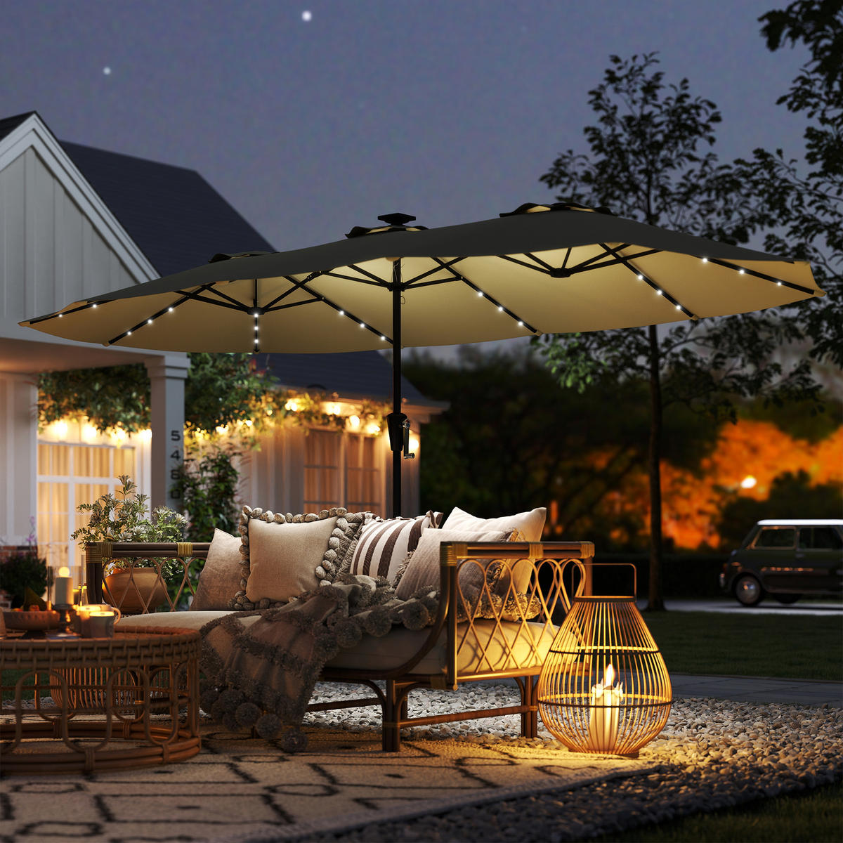 DOPPELSONNENSCHIRM Beige 395/215/238 cm mit LED-Beleuchtung - Beige, Metall (395/215cm) - PANGIVO