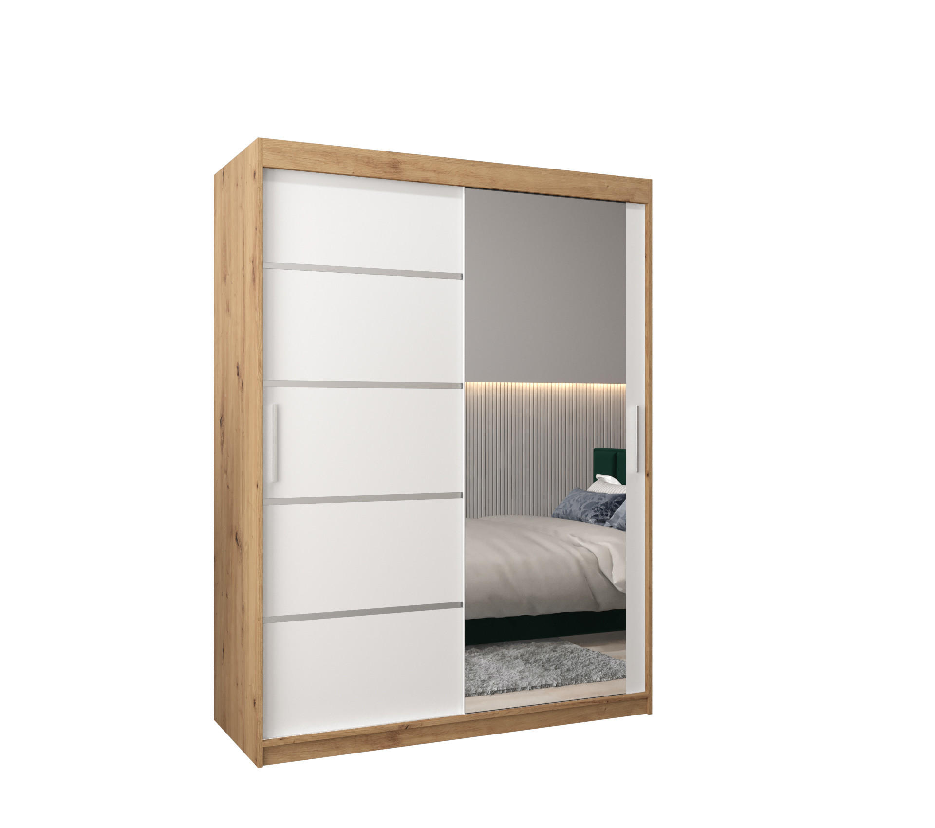 Möbel Kryspol Schwebetürenschrank Eiche Artisan, Weiß, Silber 150x200x62 cm